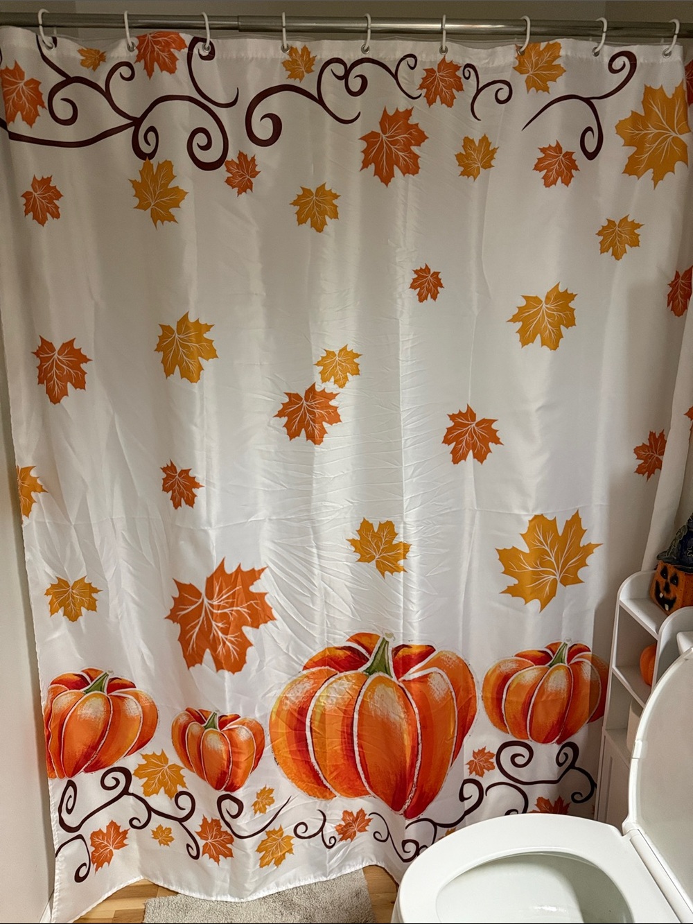 Autumn Pumpkin Shower Curtain - Orange Leaf Print